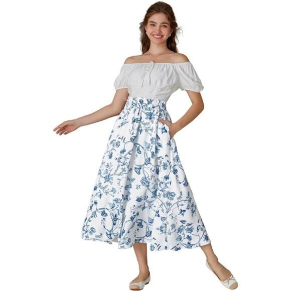 Renaissance Maxi Skirts for Women White Blue - Picture 2 of 6